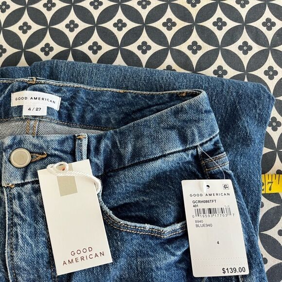 Good American Good Classic Raw Hem High Rise Jeans Blue940 Size 4 / 27 NWOT - Picture 8 of 11